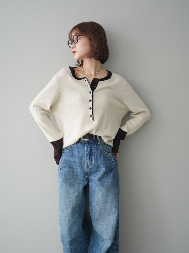 [SET]ヘンリーネック配色ニットソー+ベルト付3Dカーブワイドデニムパンツ(2set)