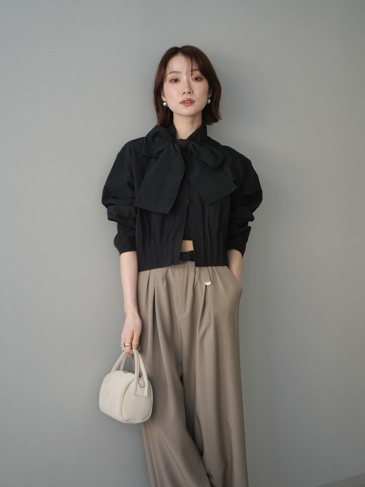 [SET]ボウタイ裾プリーツライトジャケット+ベルト付キーホルダーモチーフワイドパンツ(2set)