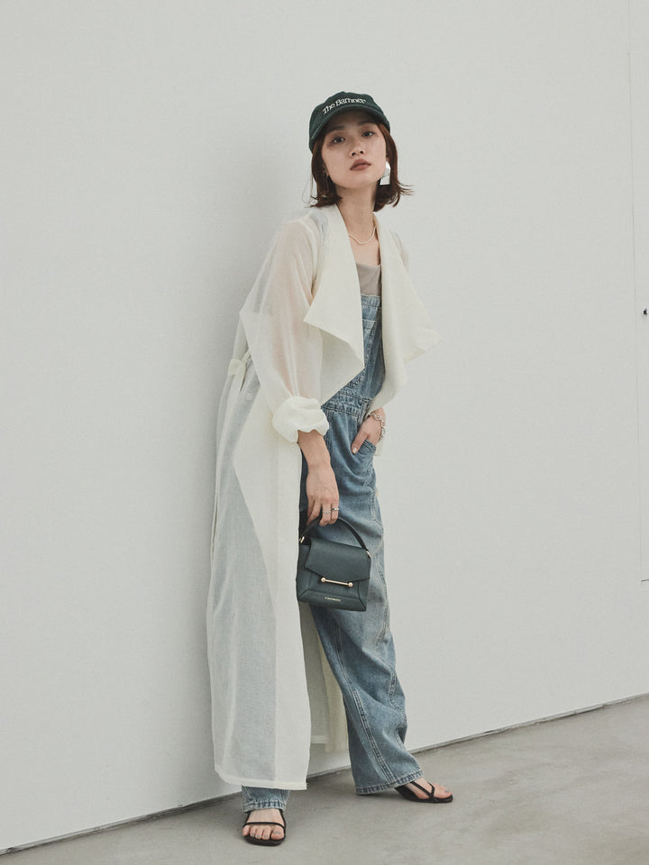 [SET] 中縫牛仔背帶褲 + 透視長版外套（2 件組）