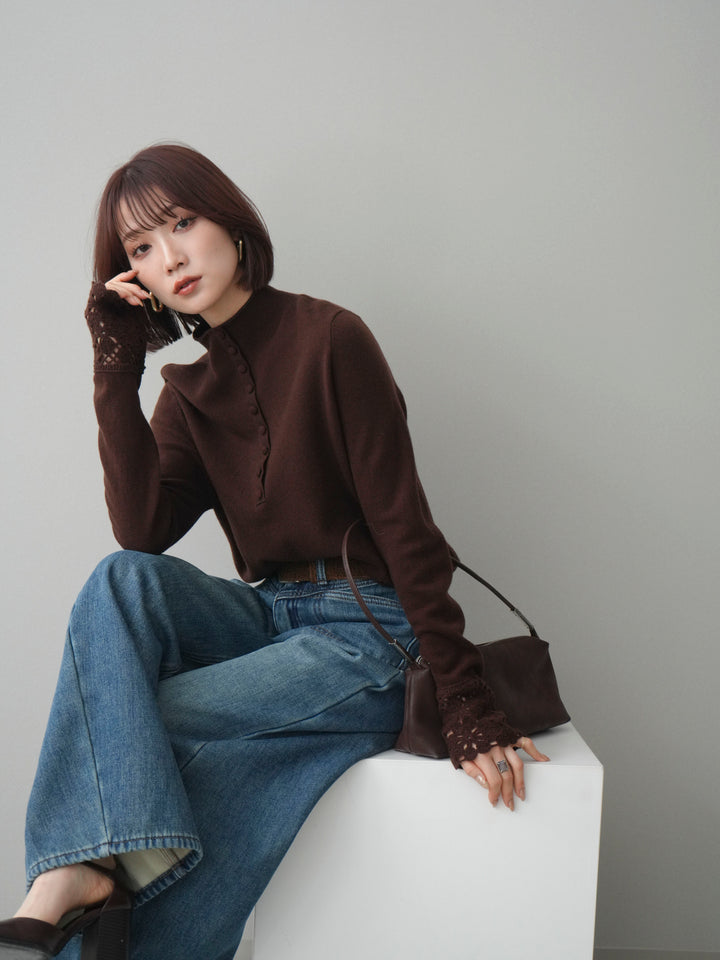 [予約]袖スカラップレースフロントボタンウールニットトップス/brown