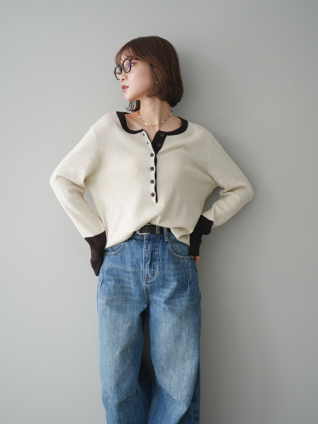 [予約]ヘンリーネック配色ニットソー/beige