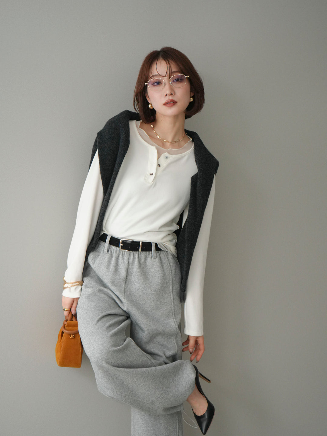 [予約]チュールレイヤードヘンリーネックカットソー/ivory