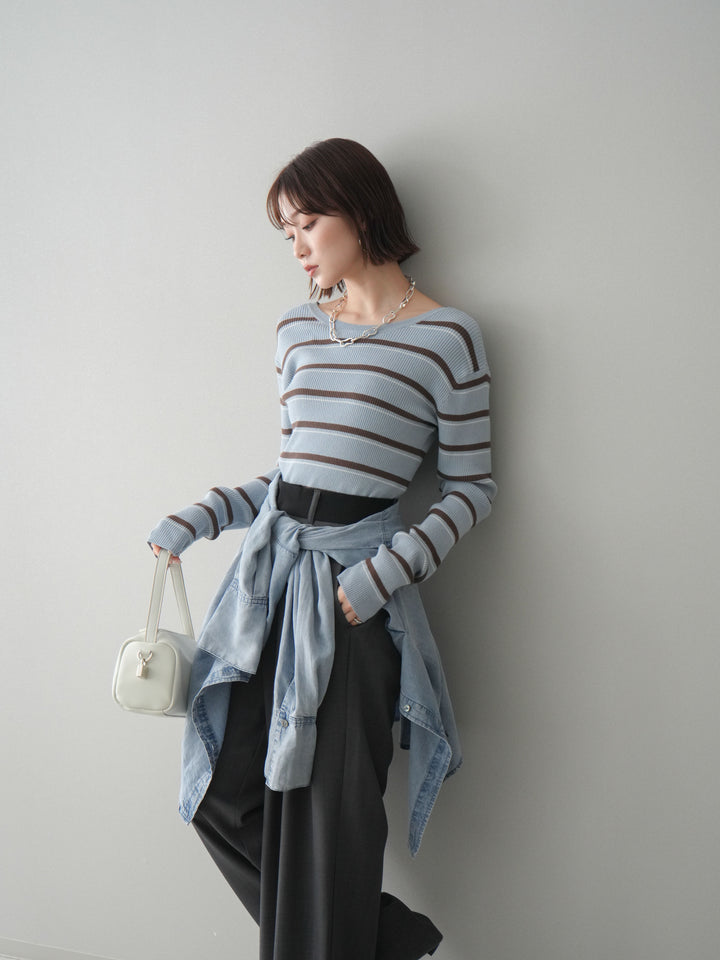 [予約]バックオープンテレコリブマルチボーダートップス/blue