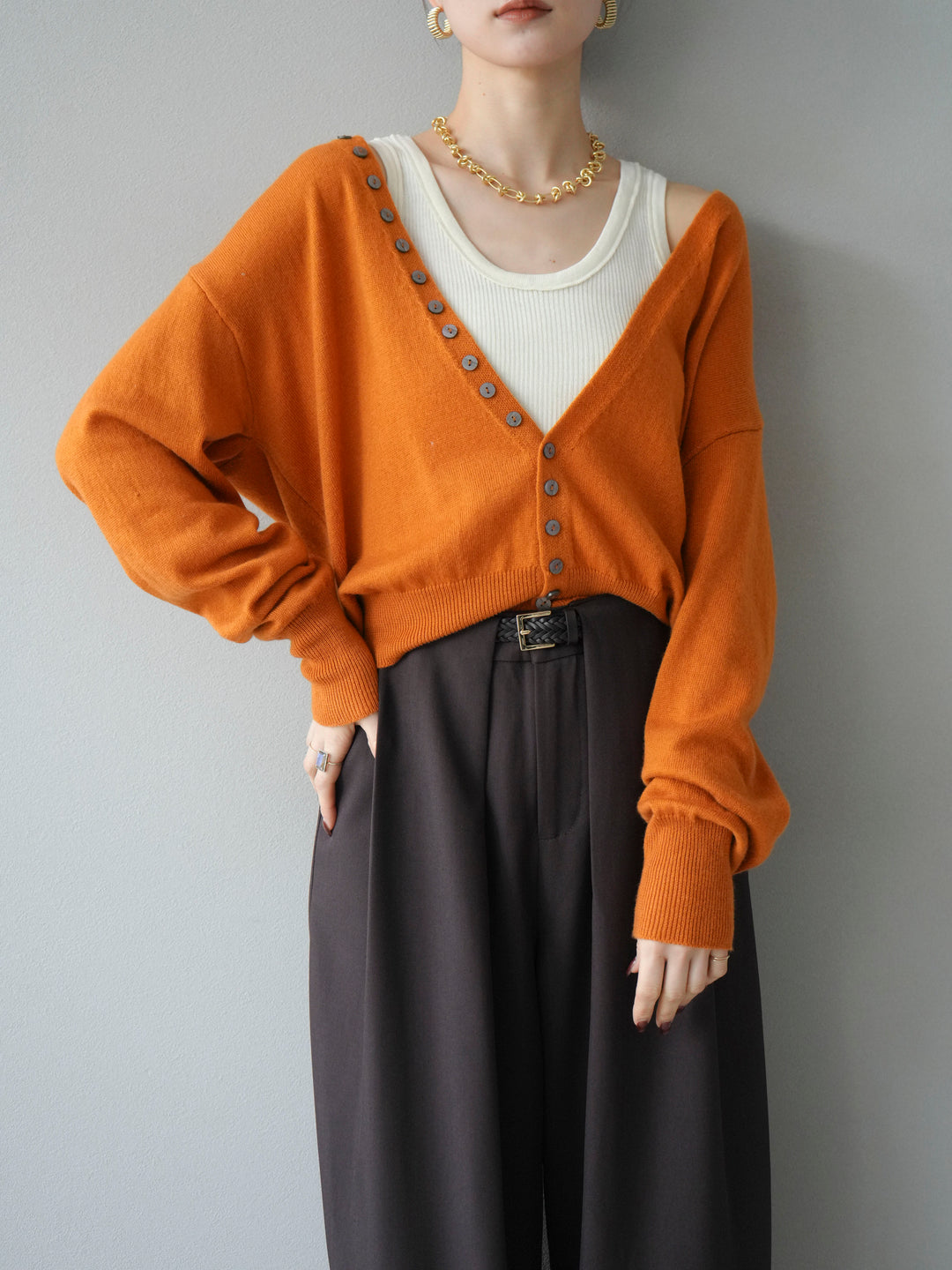 [予約]デザインボタンニットカーディガン＆タンクトップSET/オレンジ