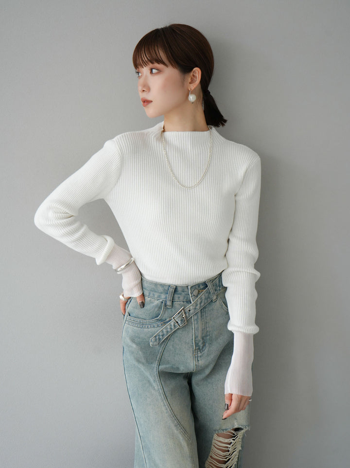 [予約]袖ラメシアー切替リブニットトップス/オフ