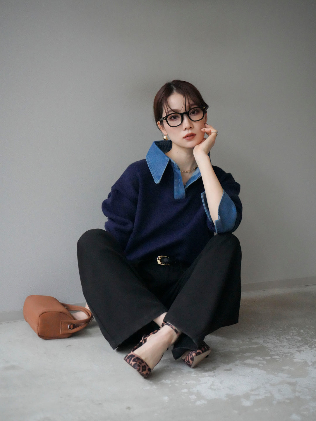 [SET]デニム襟ポロニットプルオーバー+ベルトループデザインワイドパンツ(2set)