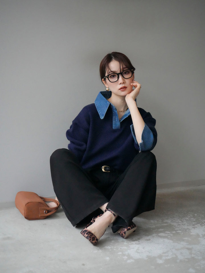 [SET]デニム襟ポロニットプルオーバー+ベルトループデザインワイドパンツ(2set)