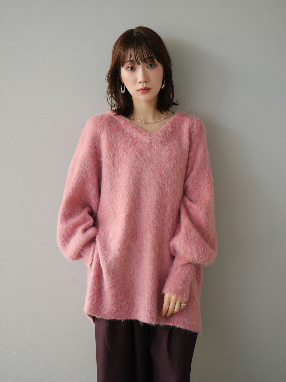 [予約]Vネックオーバーモヘアニットプルオーバー/ピンク