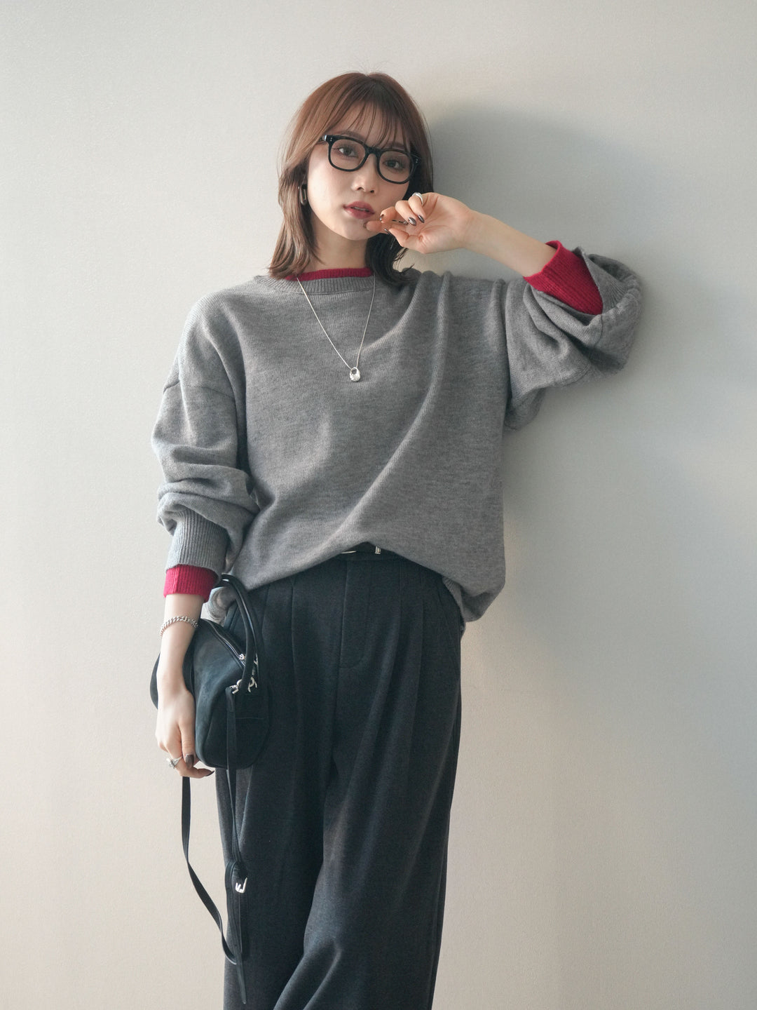 [予約]ヘンリーネック配色レイヤードニットプルオーバー/middlegray