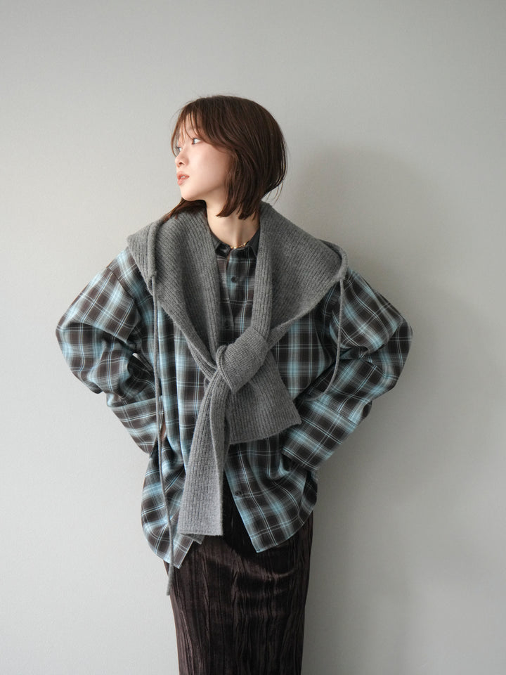 [SET]レザー襟オンブレチェックオーバーシャツ +クラッシュベロアナロースカート(2set)