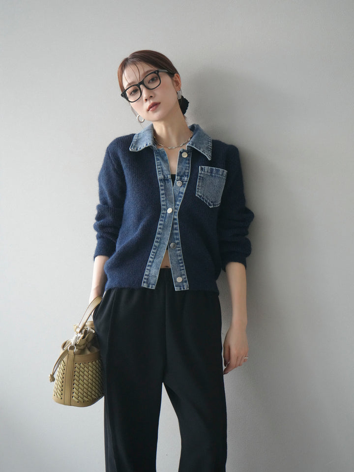 [予約]デニム襟ポケットニットカーディガン/navy