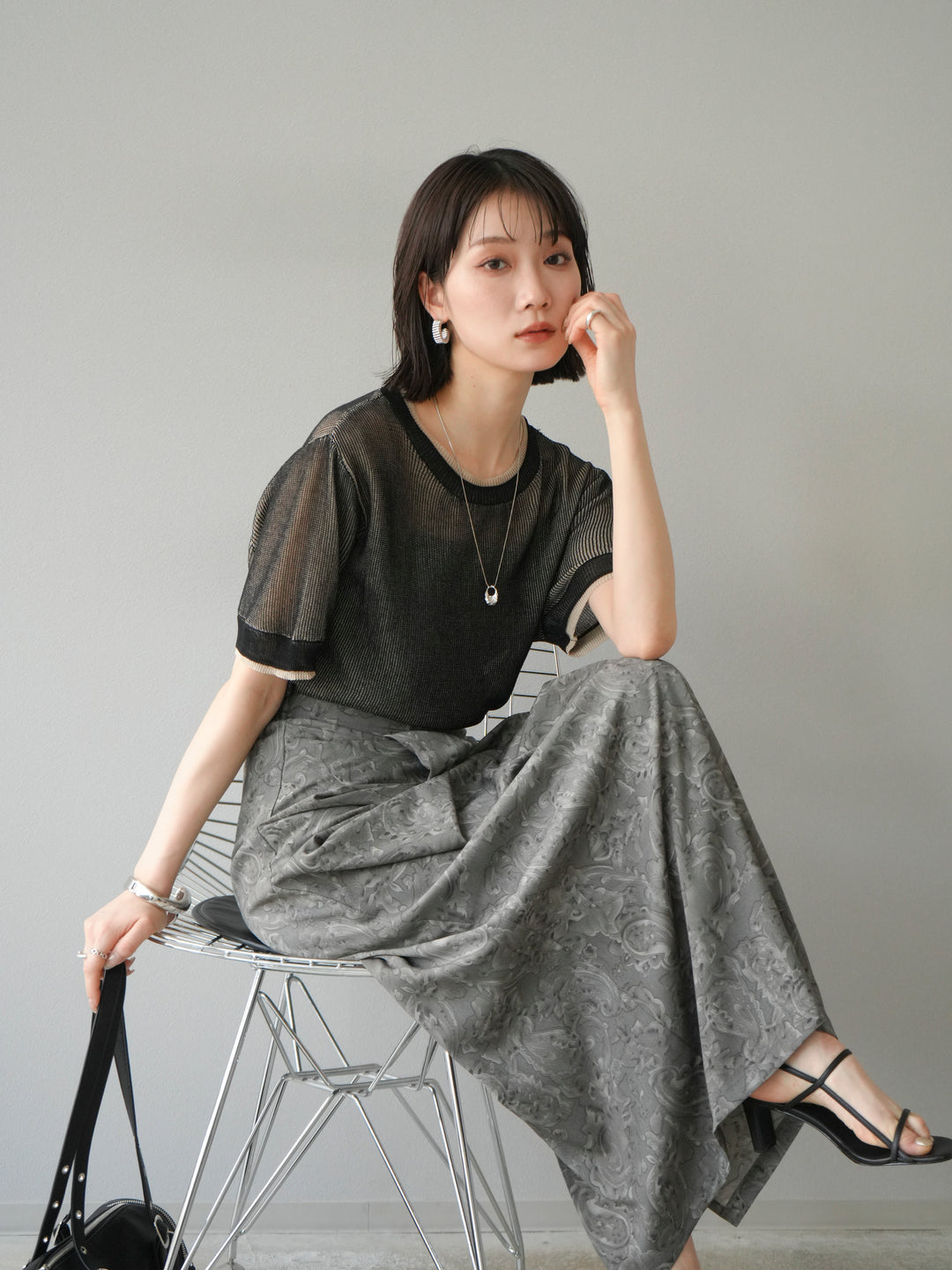 [SET]リネンタッチ配色二重臼ハーフニットトップス+選べるアソート柄スカートセット(2set)