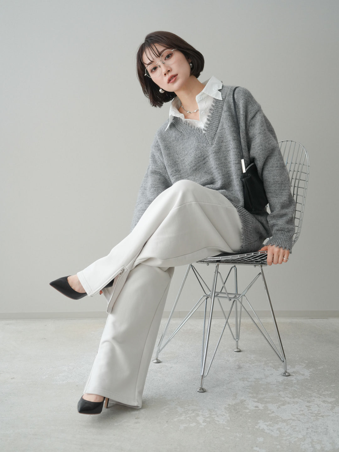 [予約]シャツドッキングVネックフリンジニットプルオーバー/gray