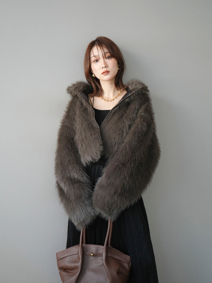 [予約]フェイクファーショートZIPジャケット/brown