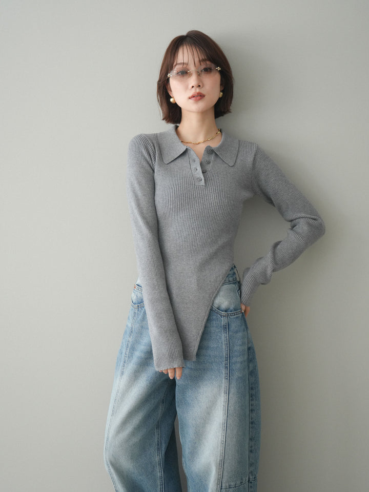 [予約]リブポロニットボディスーツ/mokugray