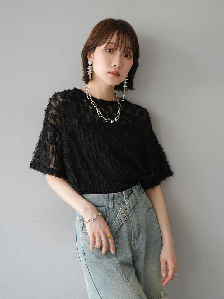 [Pre-order] Fringe Tulle 5/4 Sleeve Over Top/Black