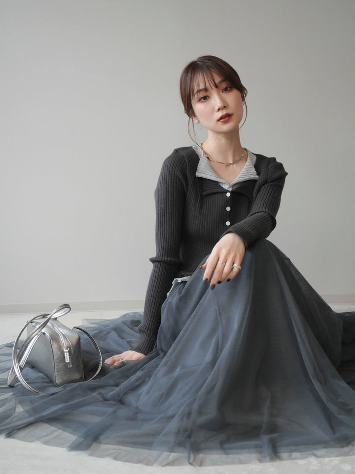 [予約]配色レイヤードリブニットカーディガン/charcoal