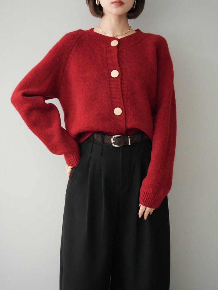 [SET]BIGボタンニットカーディガン+アニマル柄ベルト付きウールタッチワイドパンツ(2set)