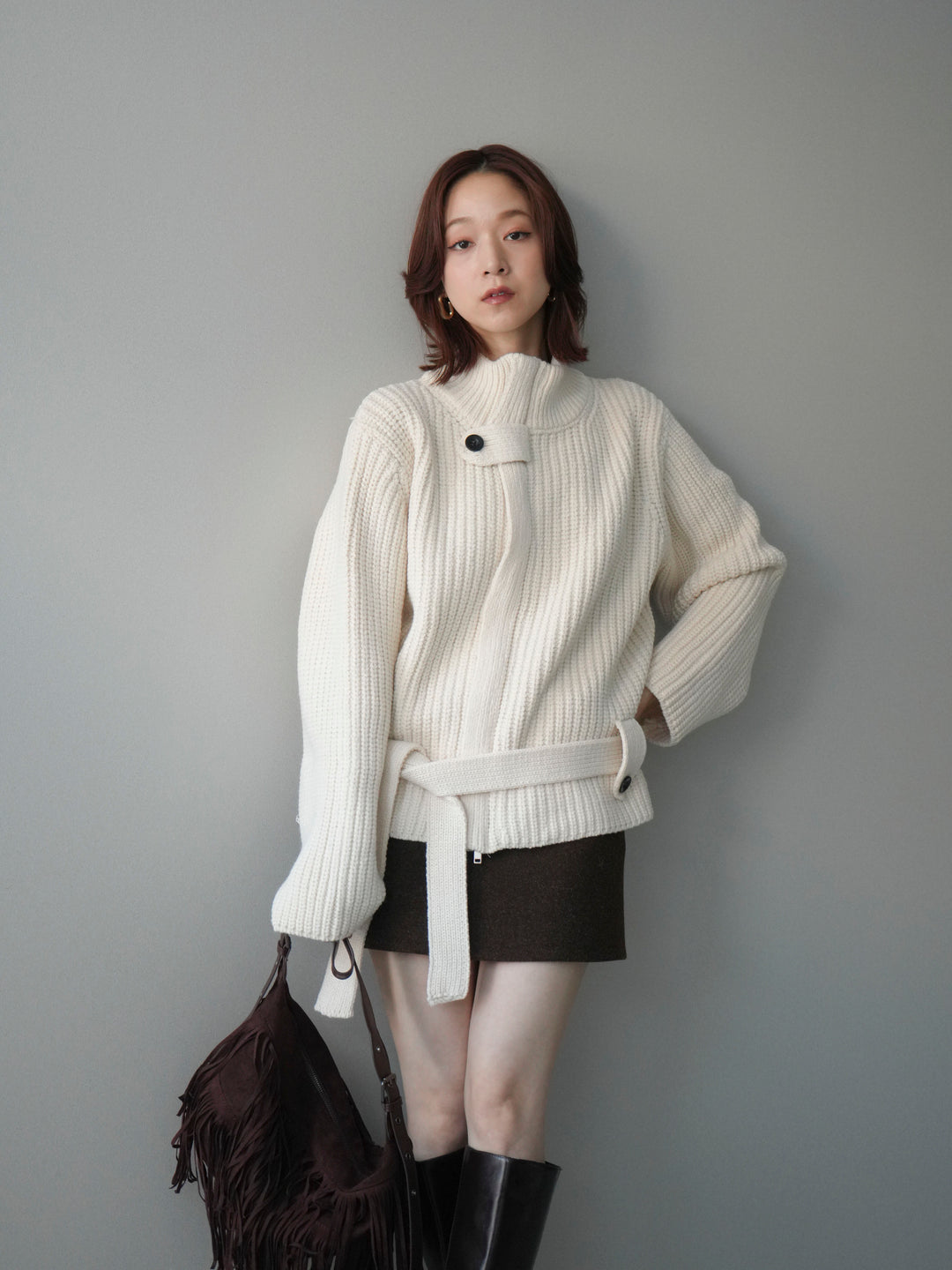 [予約]畦編みボトルネックZIPニットカーディガン/white