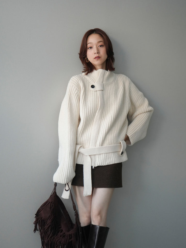 [予約]畦編みボトルネックZIPニットカーディガン/white