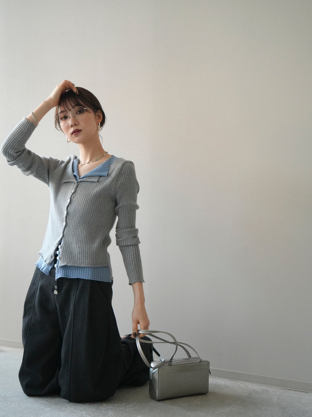 [予約]配色レイヤードリブニットカーディガン/gray