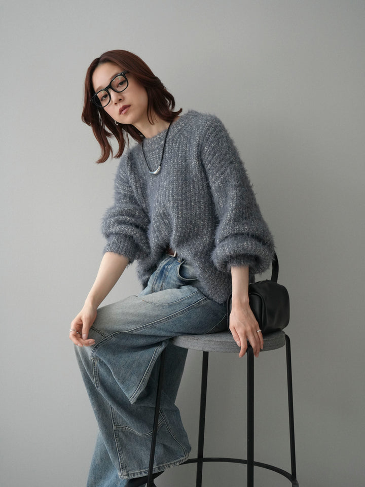 [SET]ボリュームスリーブシャギー MIXニットプルオーバー+ベルト付カーブデニムパンツ(2set)