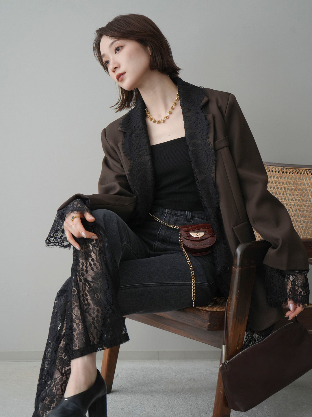 [予約]レースドッキングオーバージャケット/brown