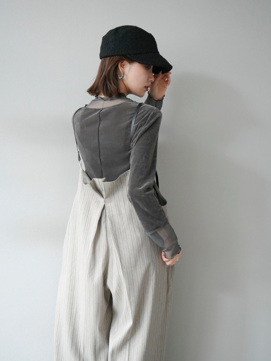 【着回しセット】[SET]ヘリンボーンストライプジレ+シアー切替ベロアトップス+ヘリンボーンストライプサロペット(3set)