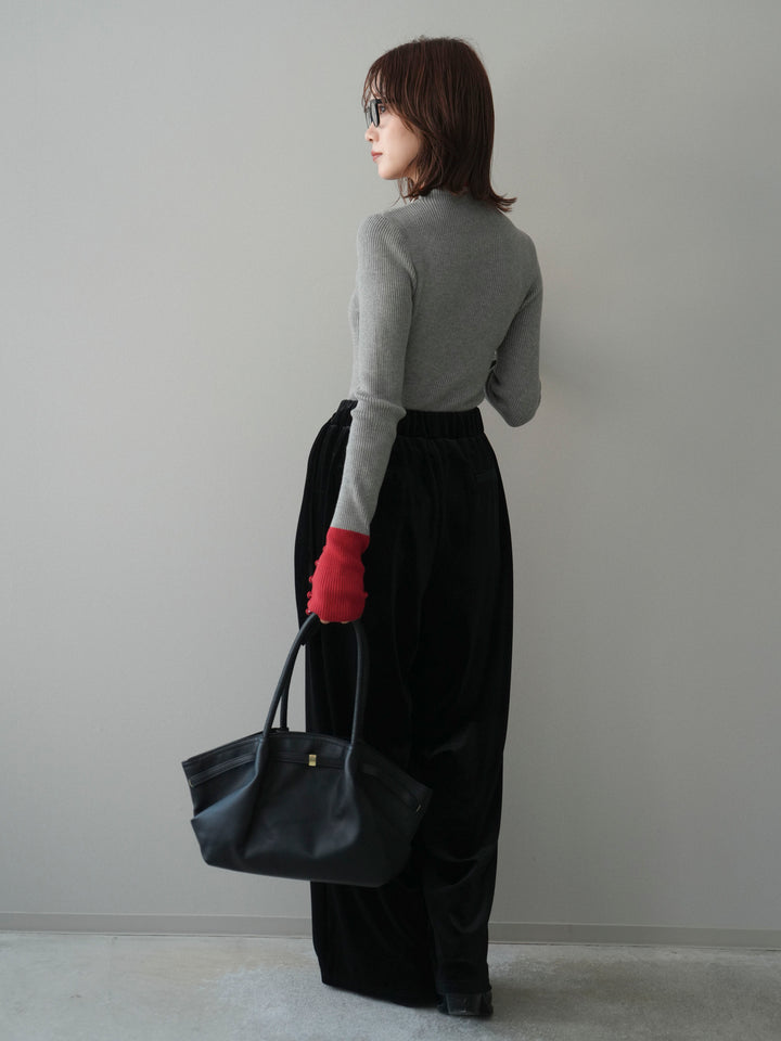 [SET]袖ボタンハイネック配色リブニットトップス+ベロアベルトスリムパンツ(2set)