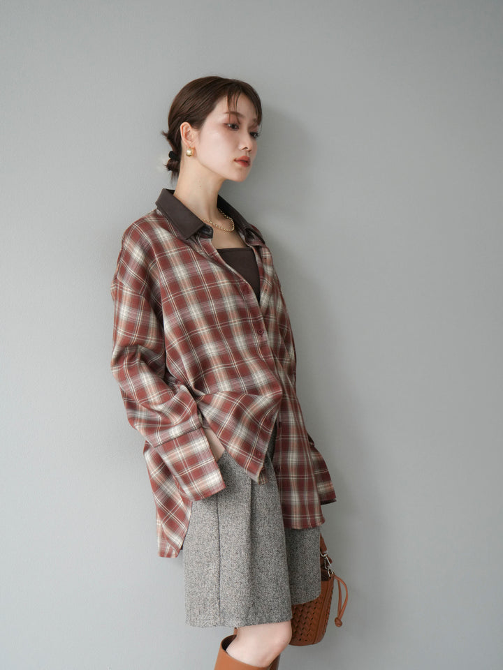 【着回しセット】[SET]レザー襟オンブレチェックオーバーシャツ +クラッシュベロアナロースカート+ツイードハーフパンツ(3set)