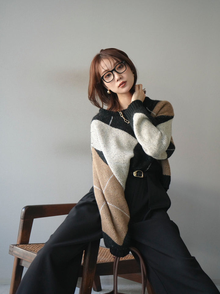 [SET]配色ステッチアーガイル柄ニットプルオーバー+ベルトループデザインワイドパンツ(2set)