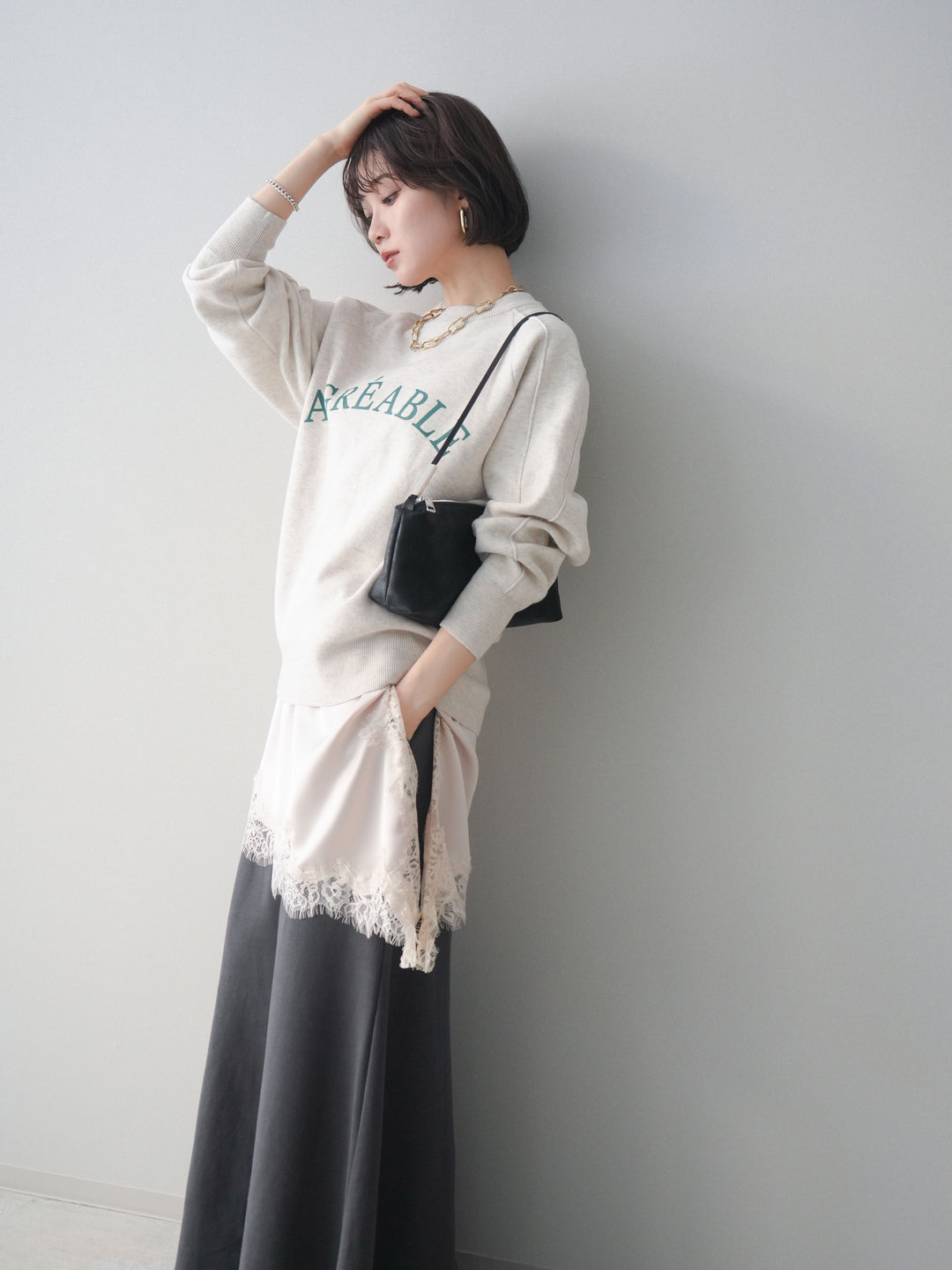 [予約]半ラバープリントロゴスウェットライクニットプルオーバー/oatmeal