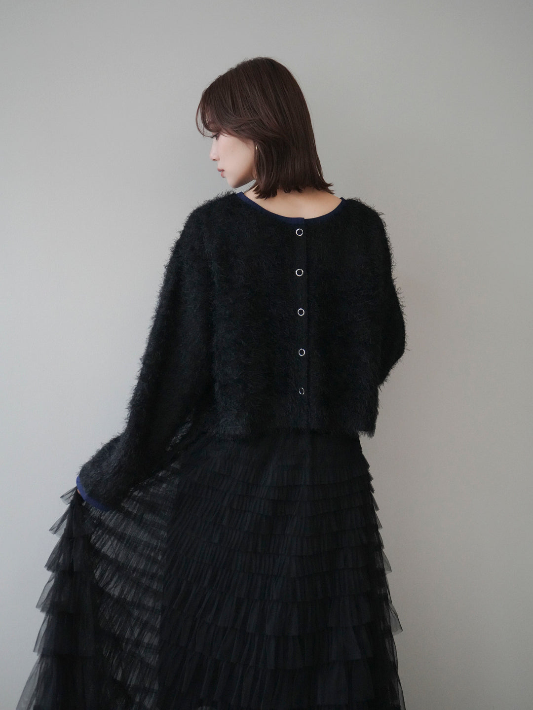 [予約]バイカラー2WAYシャギーニットカーディガン/black