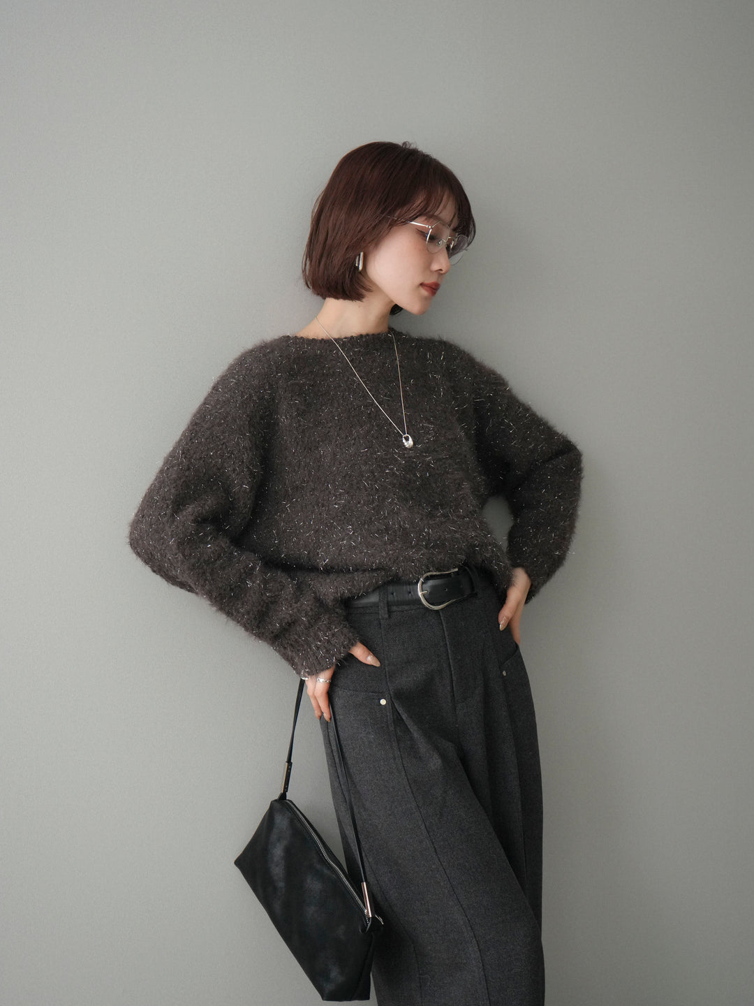 [予約]モールラメミックスヤーンニットプルオーバー/brown