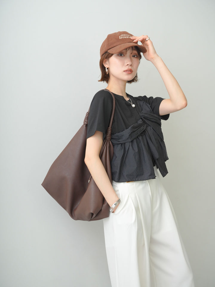 [SET]ナイロンドッキングツイストTEE +アシンメトリーベルトタックワイドパンツ(2set)