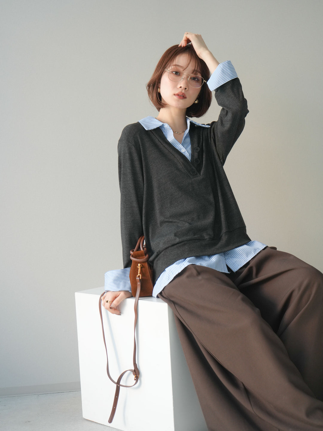 [予約]シャツレイヤードデザインカットプルオーバー/charcoal