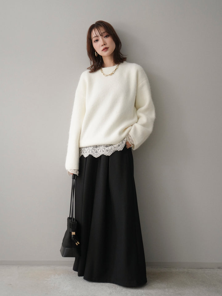 [SET]アンゴラタッチクルーネックニットプルオーバー+テープベルトタックバギーパンツ(2set)