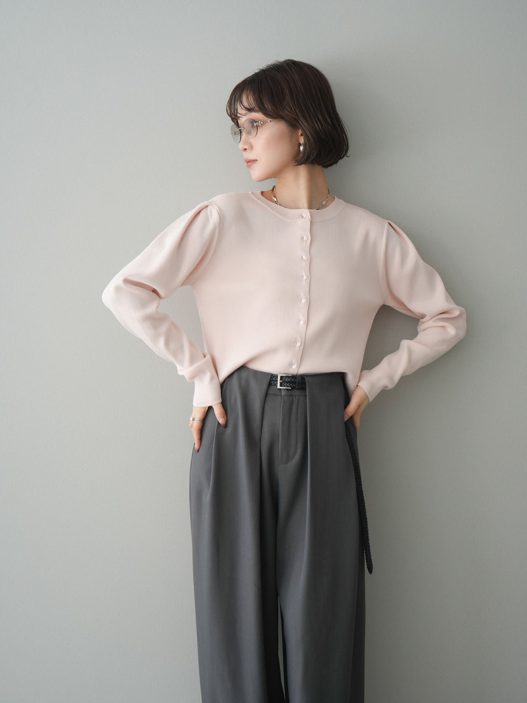 [予約]クリアボタンタックニットカーディガン/pink