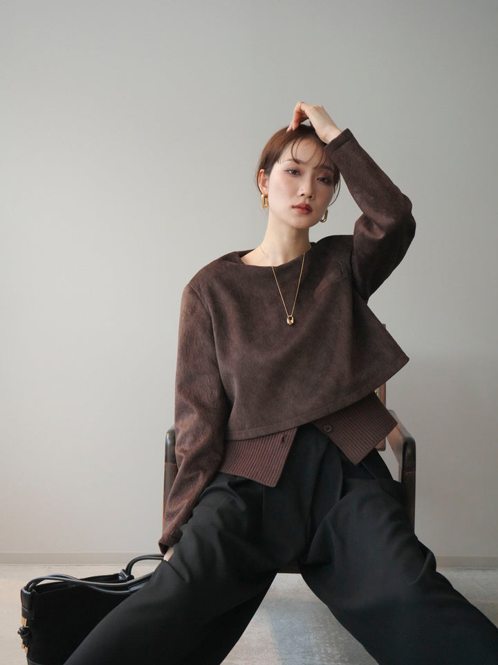 [予約]リブニットレイヤードスエードプルオーバー/brown