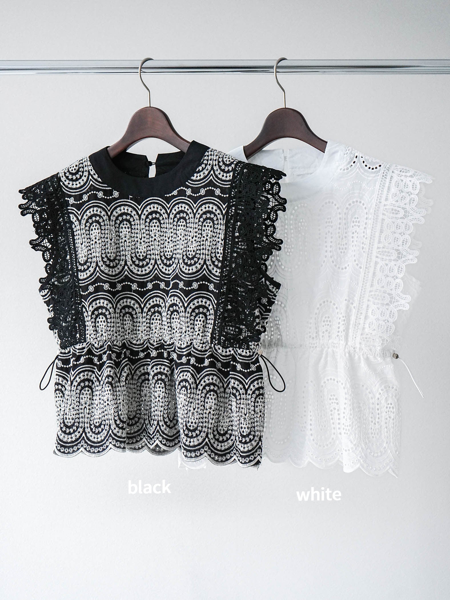 SET]スカラップ刺繍レースブラウス+リネンライクZIPスリットタイト