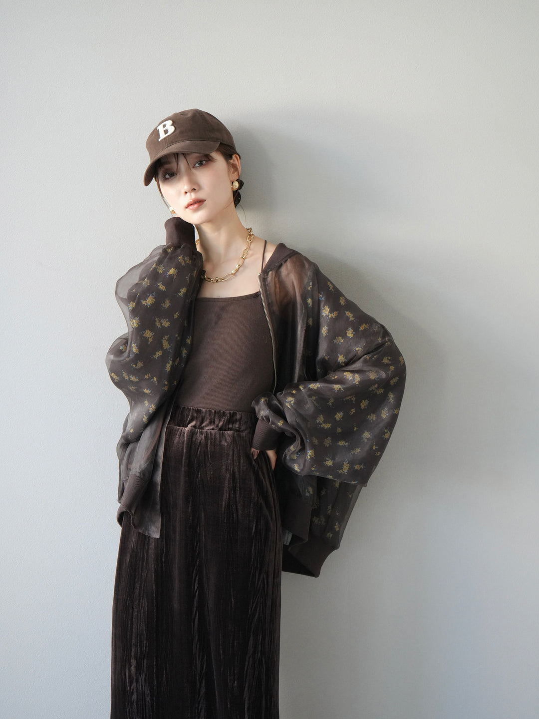 [予約]フラワーチュールドッキングブルゾン/ブラウン