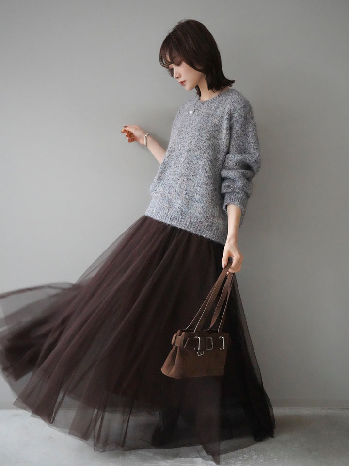 [SET]ロゴラベルミックスヤーンニットプルオーバー+チュールボリュームスカート(2set)