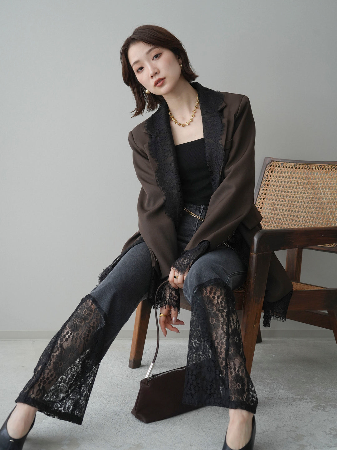 [予約]レースドッキングオーバージャケット/brown