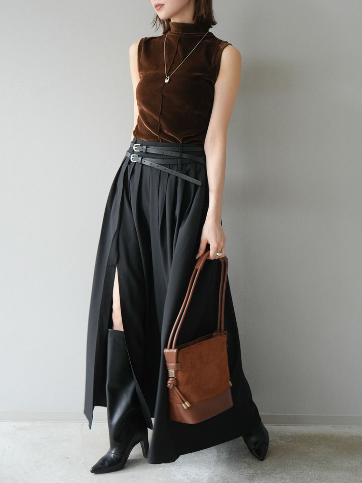 [SET]シアーベロアプチネックノースリーブトップス+エステルプリーツスリットスカート(2set)