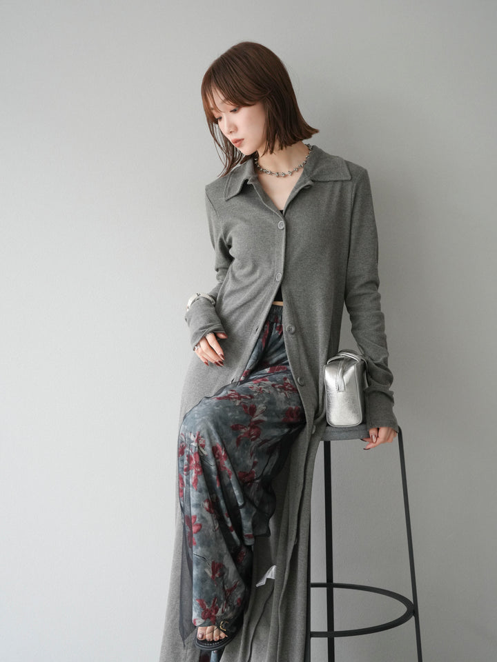 [SET]襟付きカットリブボタンワンピース+フラワープリントチュールレイヤードパンツ(2set)