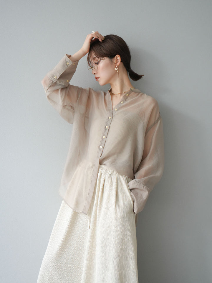 [SET] 亮面透視立領襯衫 + 柳葉寬褲 (2set)