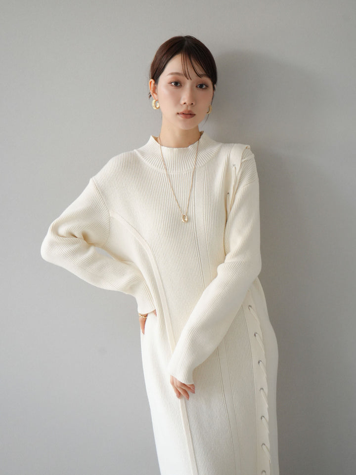 [SET] 不對稱繫帶高領針織連身裙 + 可選飾品套裝 (2套)