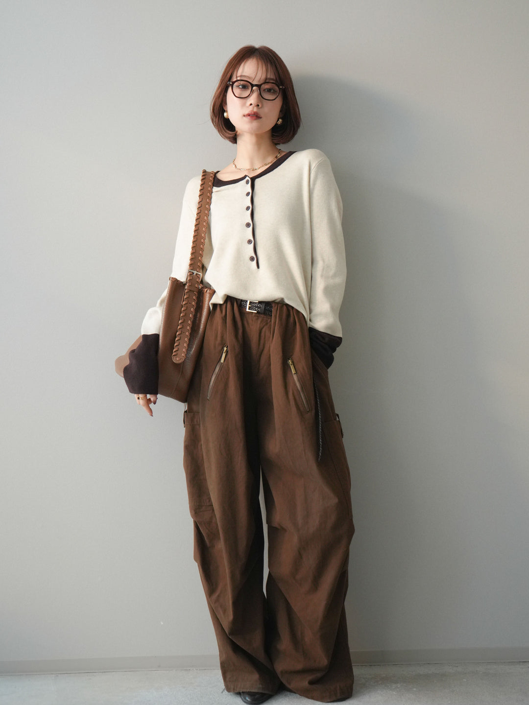 [SET]ヘンリーネック配色ニットソー+コットンタックループパンツ(2set)