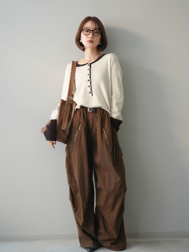 [SET]ヘンリーネック配色ニットソー+コットンタックループパンツ(2set)