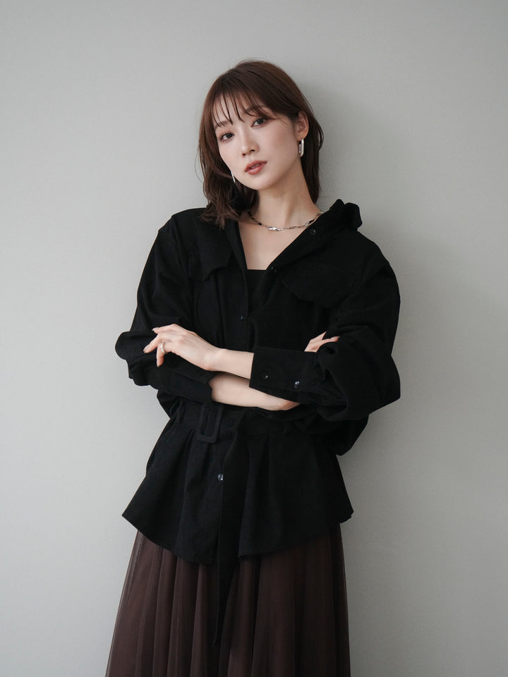 [予約]ベルト付コーデュロイシャツ/black
